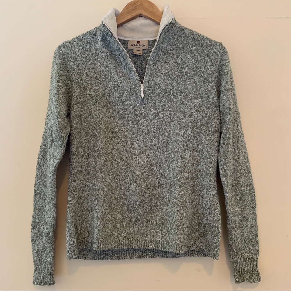 Woolrich 3/4 zipper long sleeve sweater in heather sage green and white